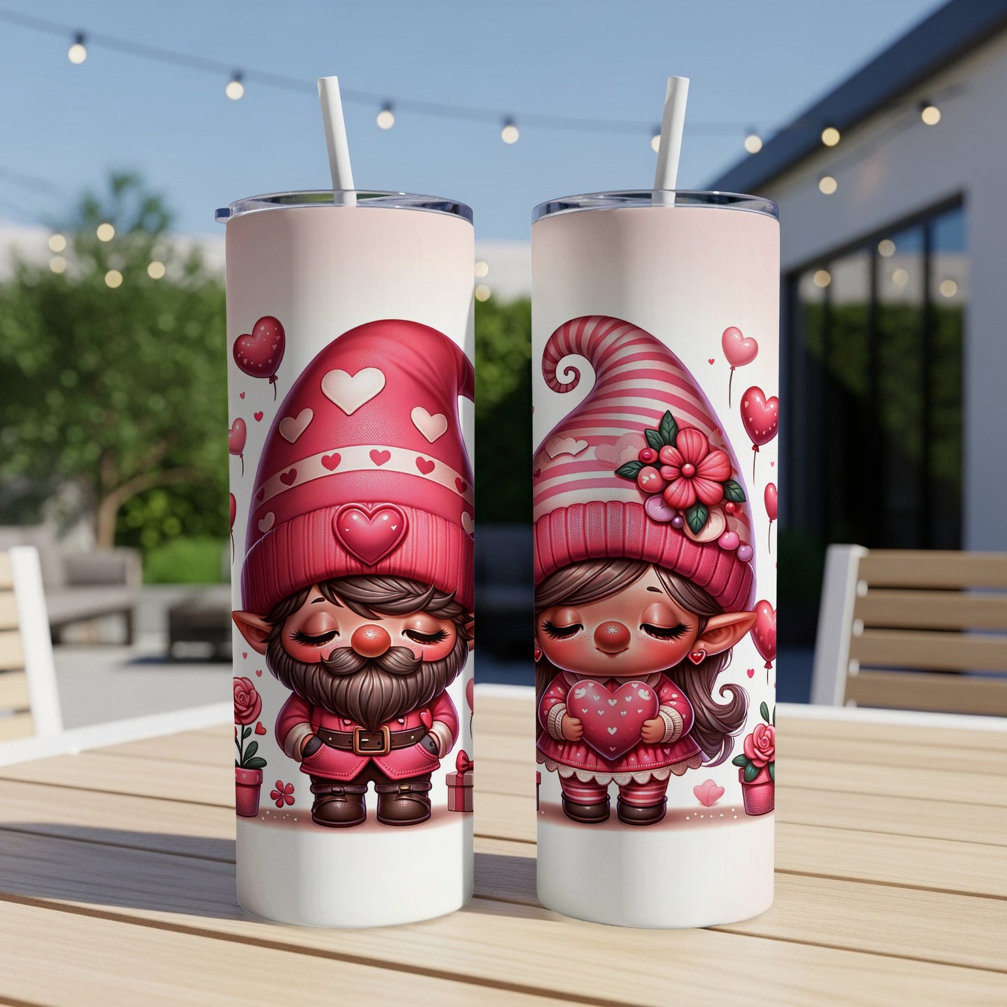 Two Valentine's Day gnomes, one male, one female, holding hearts.