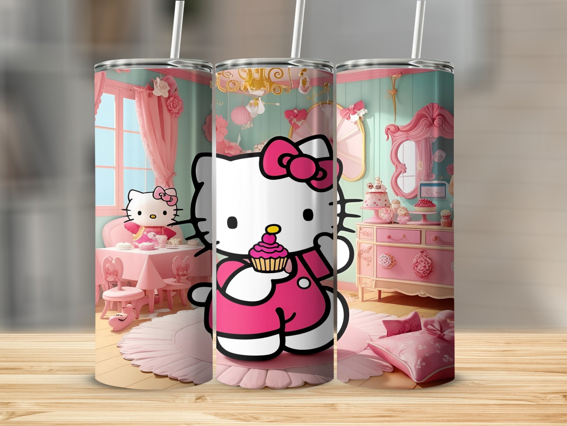 Hello Kitty with cupcake in pink-themed room with furniture and window.