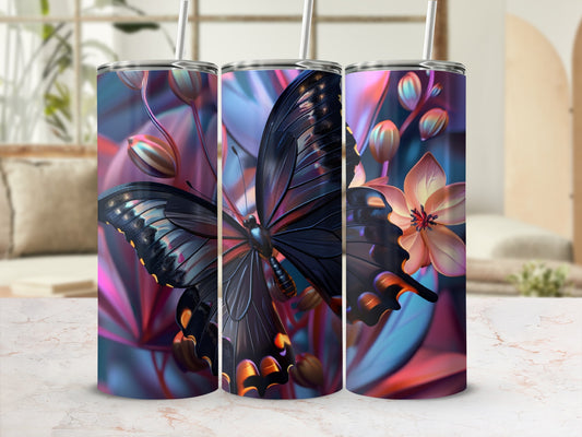 Tumbler with large black and orange butterfly on a floral background.