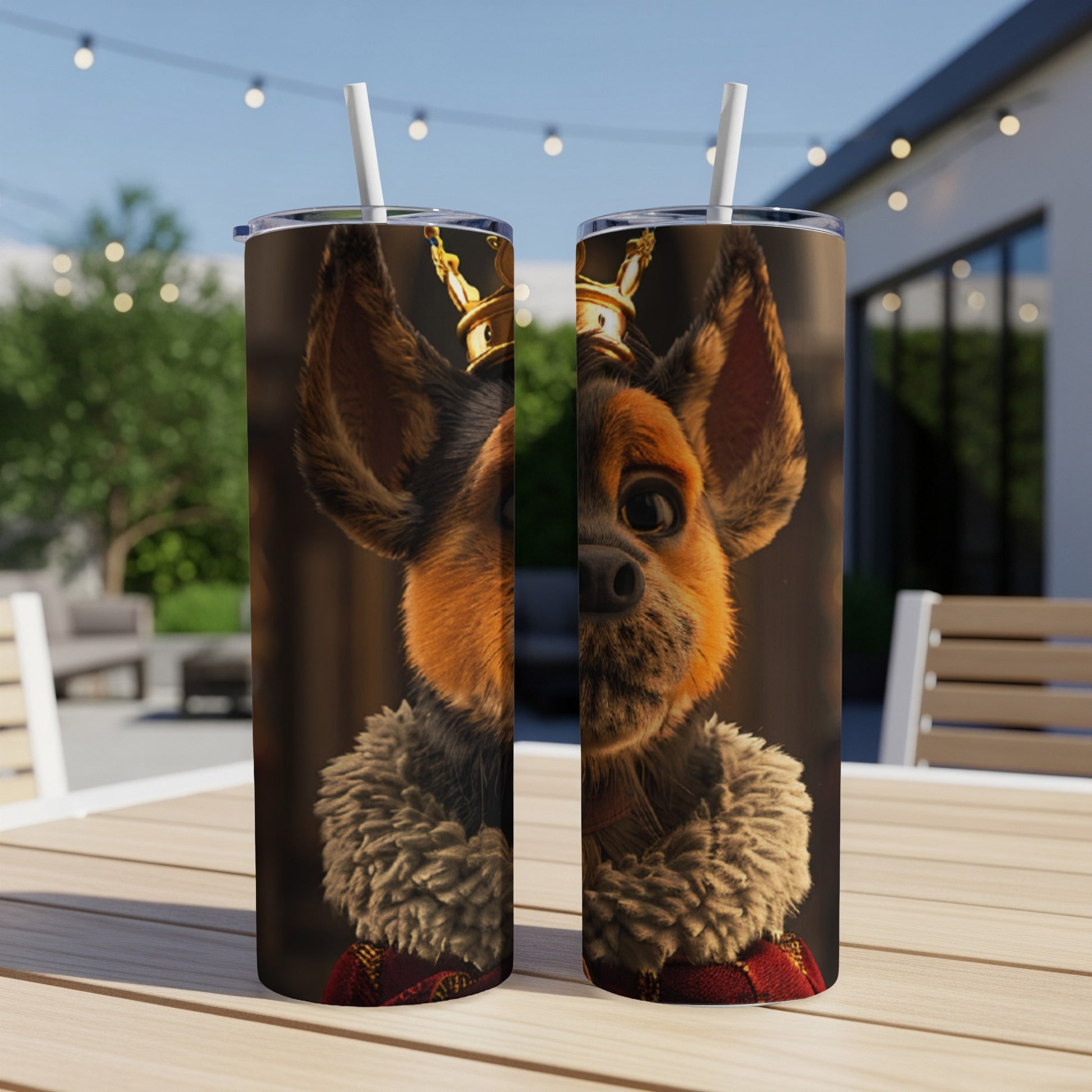 Two tumblers featuring a cartoon dog wearing a crown and a fur collar.