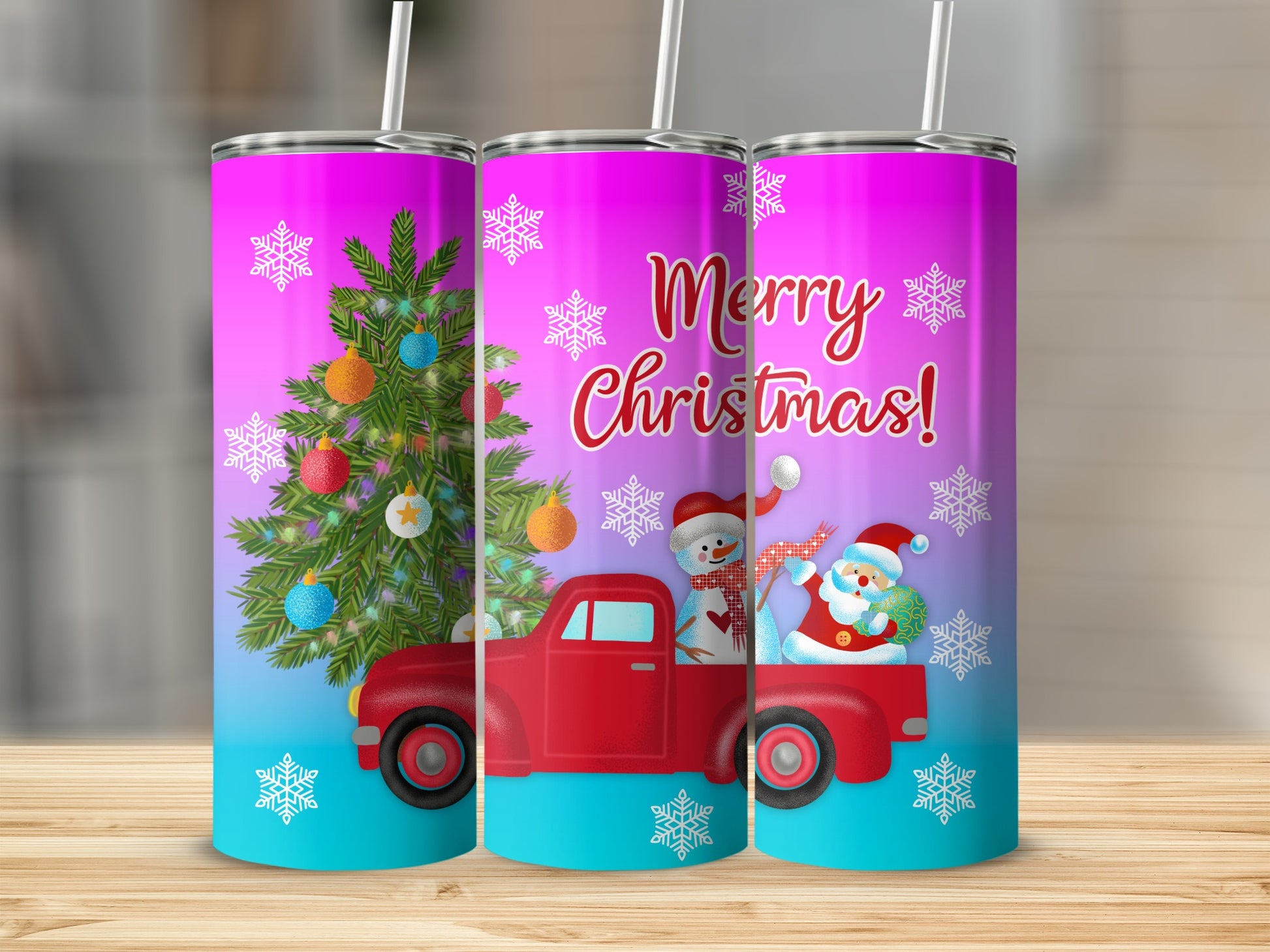 Red truck with Santa and snowman, Christmas tree, "Merry Christmas!" text.