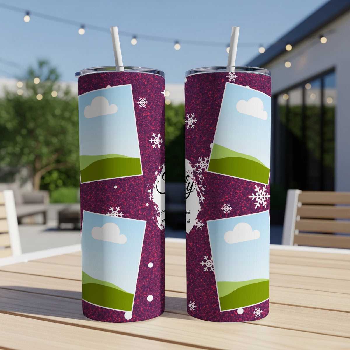 Two tumblers with a glittery purple design, snowflakes, and photo placeholders.
