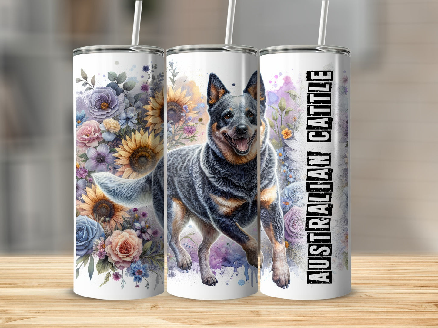 Australian Cattle Dog on floral background with "AUSTRALIAN CATTLE" text.