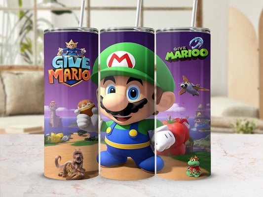 Give Mario tumbler with Mario character and game elements.