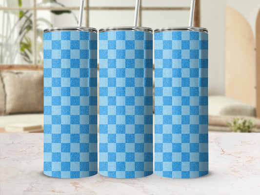 Three tall tumblers with a blue checkered pattern and straws.