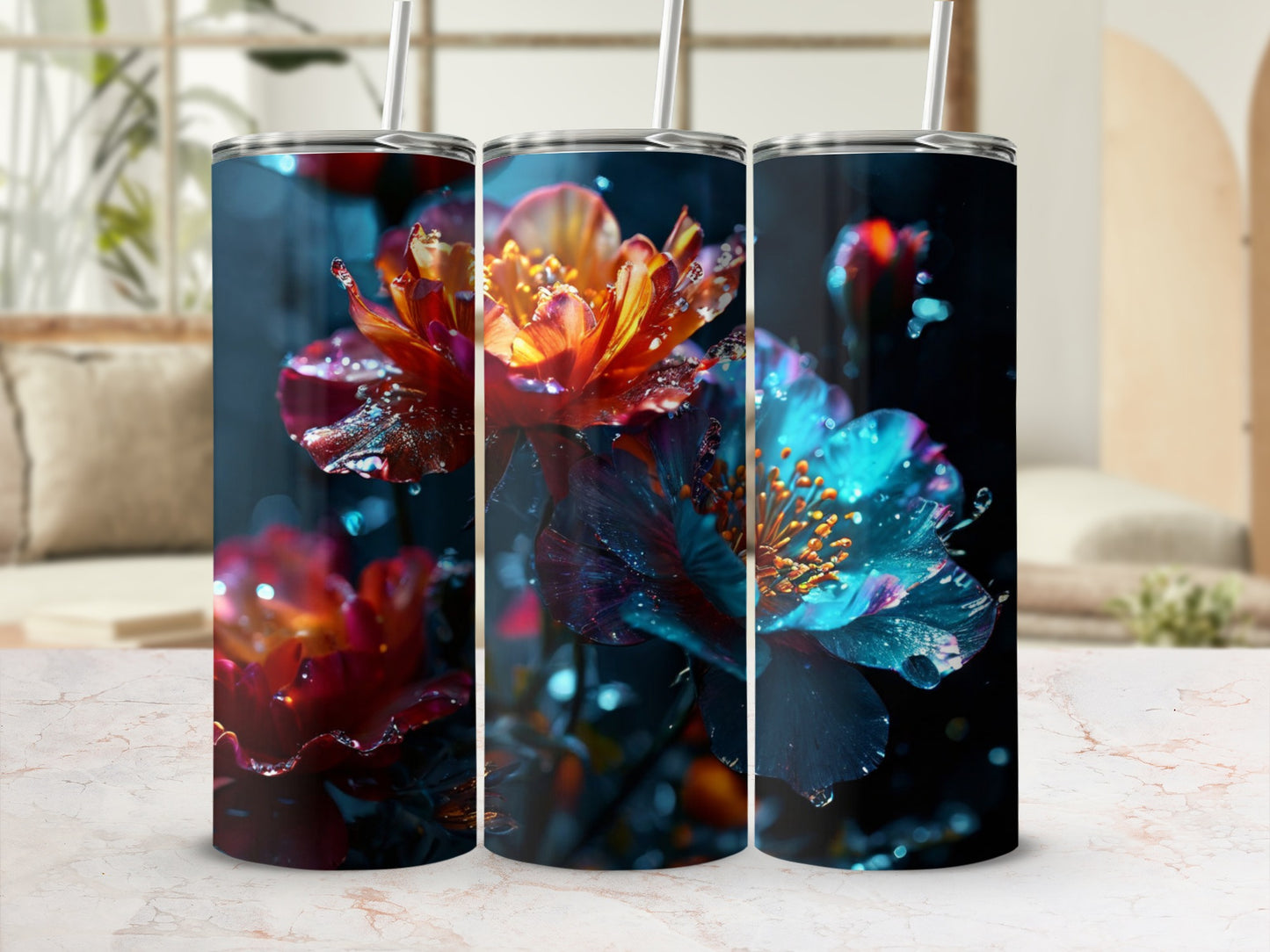 Three tumblers with colorful floral designs and straw.
