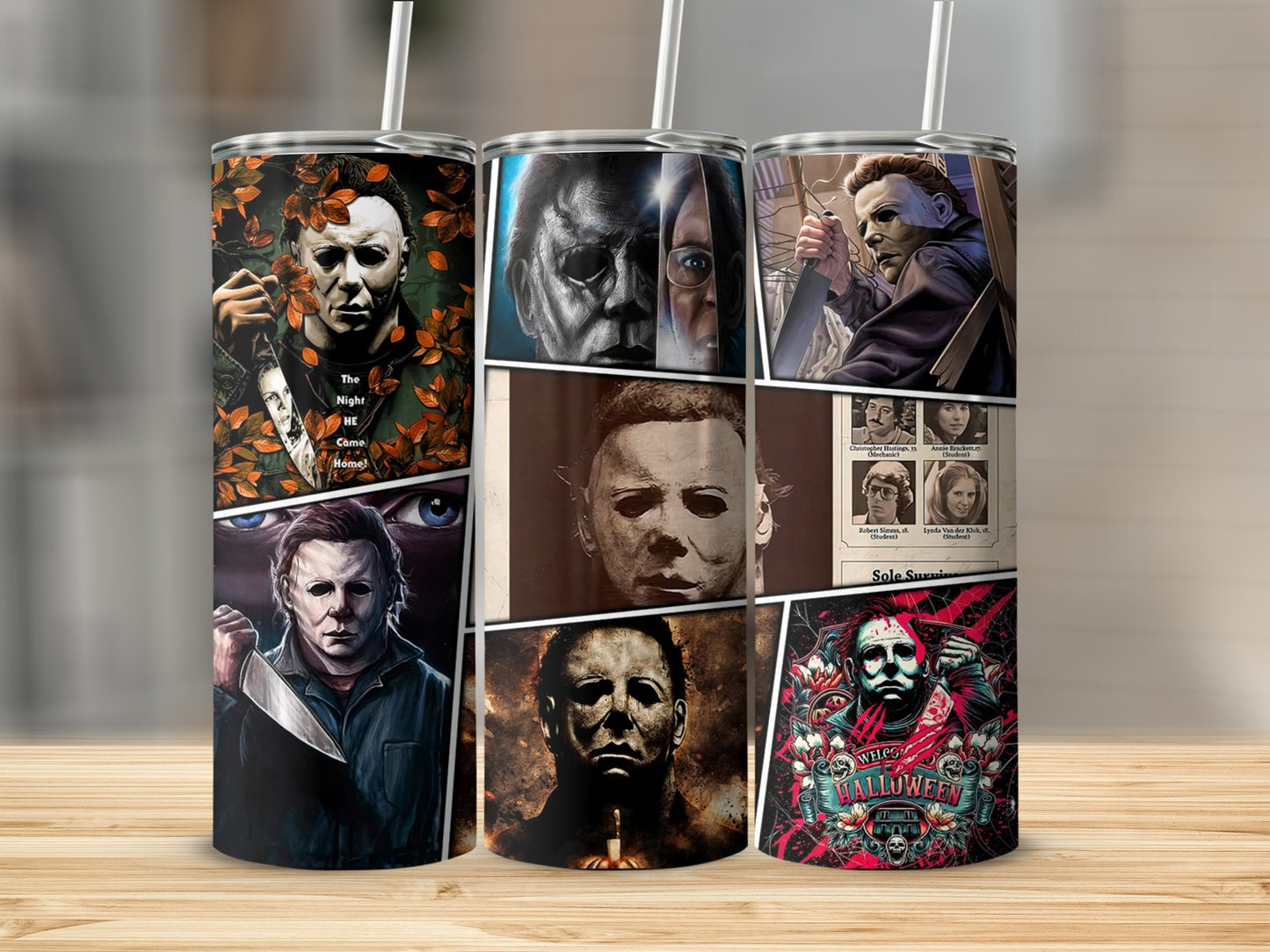 Three tumblers featuring Michael Myers artwork from Halloween.
