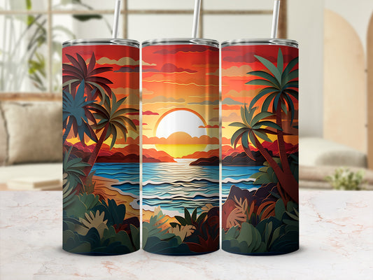 Three tumblers with tropical sunset beach scene and palm trees.