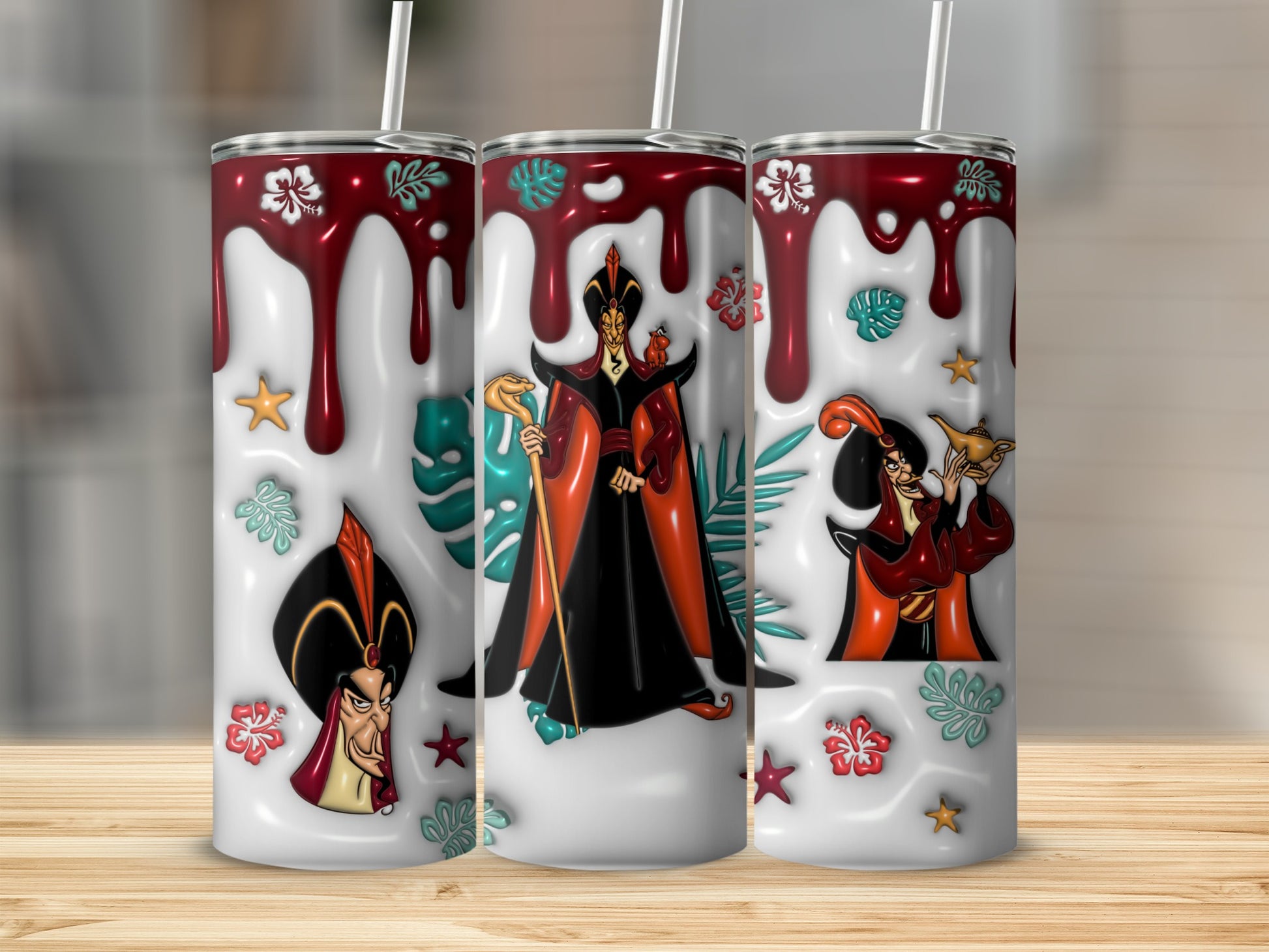 Jafar and Aladdin characters on a white tumbler with tropical leaves and red drips.