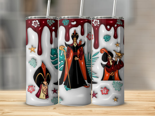 Jafar and Aladdin characters on a white tumbler with tropical leaves and red drips.