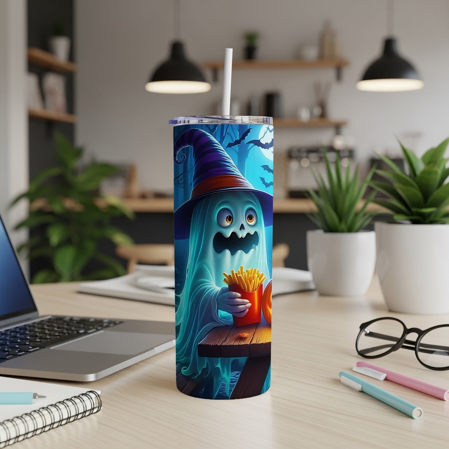Tumbler featuring a cute ghost wearing a witch hat holding french fries and a pumpkin.