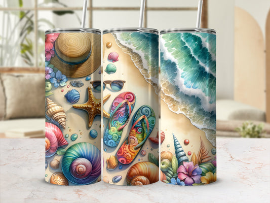 Beach scene with seashells, starfish, flip-flops, and sunglasses on a tumbler.