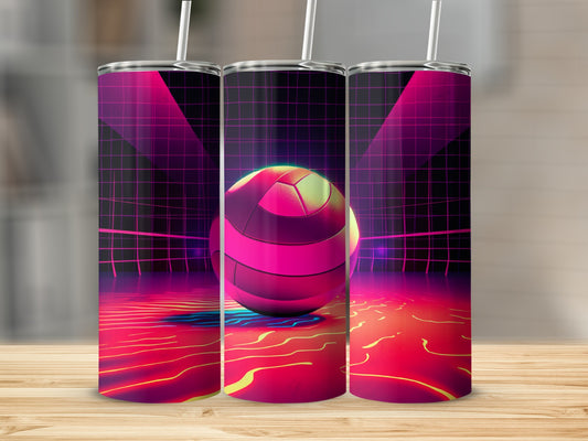 Three tumblers with neon pink and blue volleyball graphic and grid background.