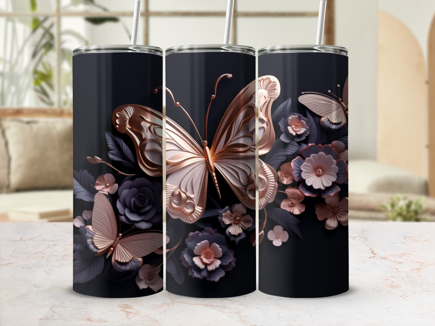 Dark tumbler with large rose gold butterfly and floral design.