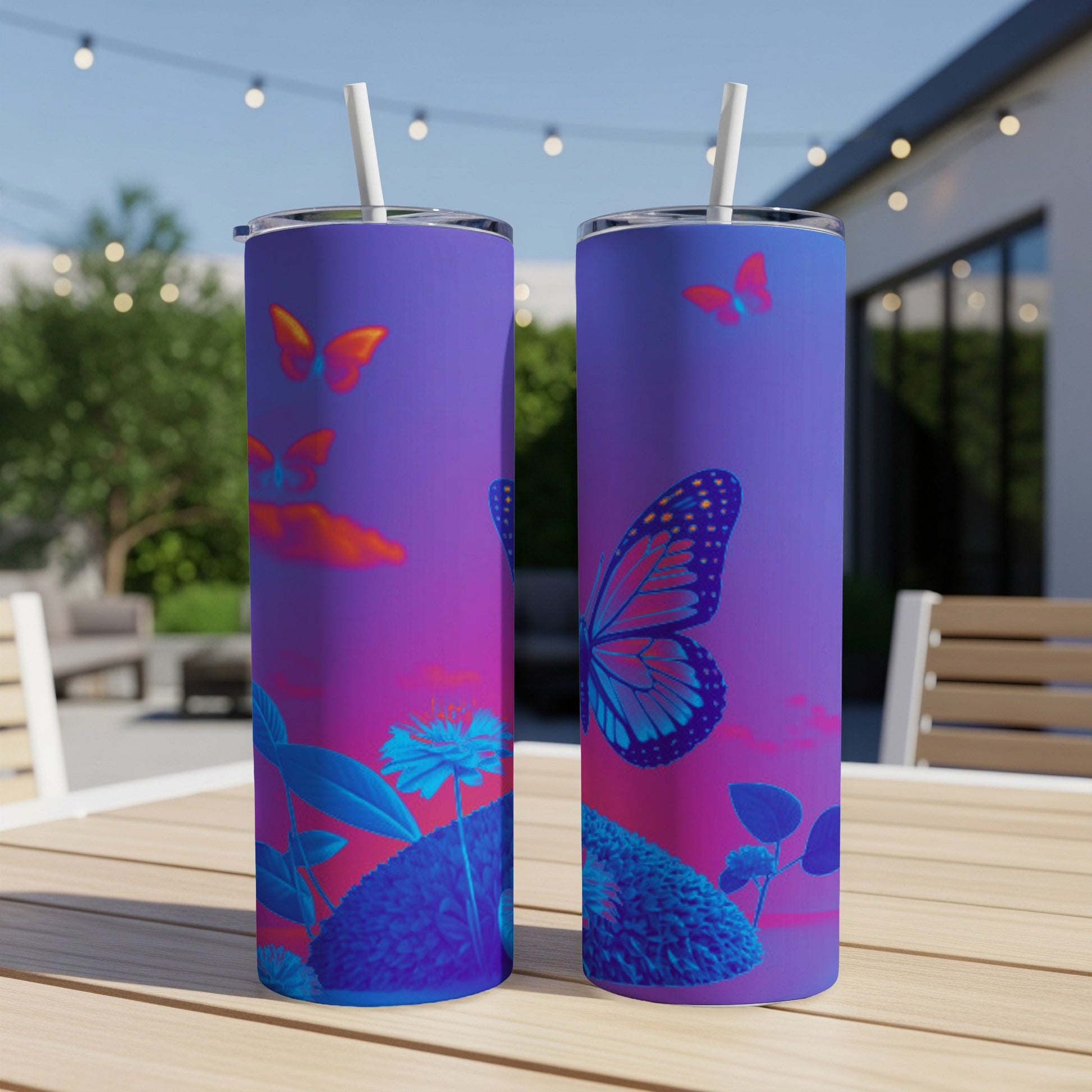Two tumblers with a purple and pink butterfly and floral design.
