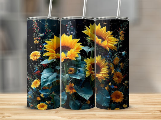 Three tumblers with sunflowers and dark floral background.