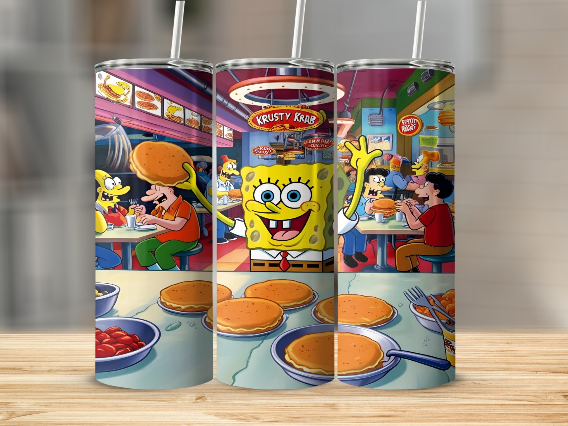 SpongeBob SquarePants characters at Krusty Krab with Krabby Patties.