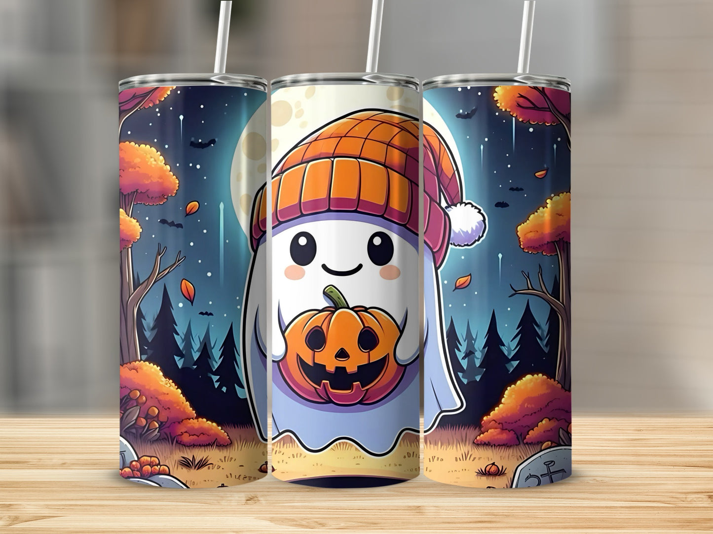 Three tumblers display a cute ghost holding a pumpkin against a moonlit Halloween forest scene.