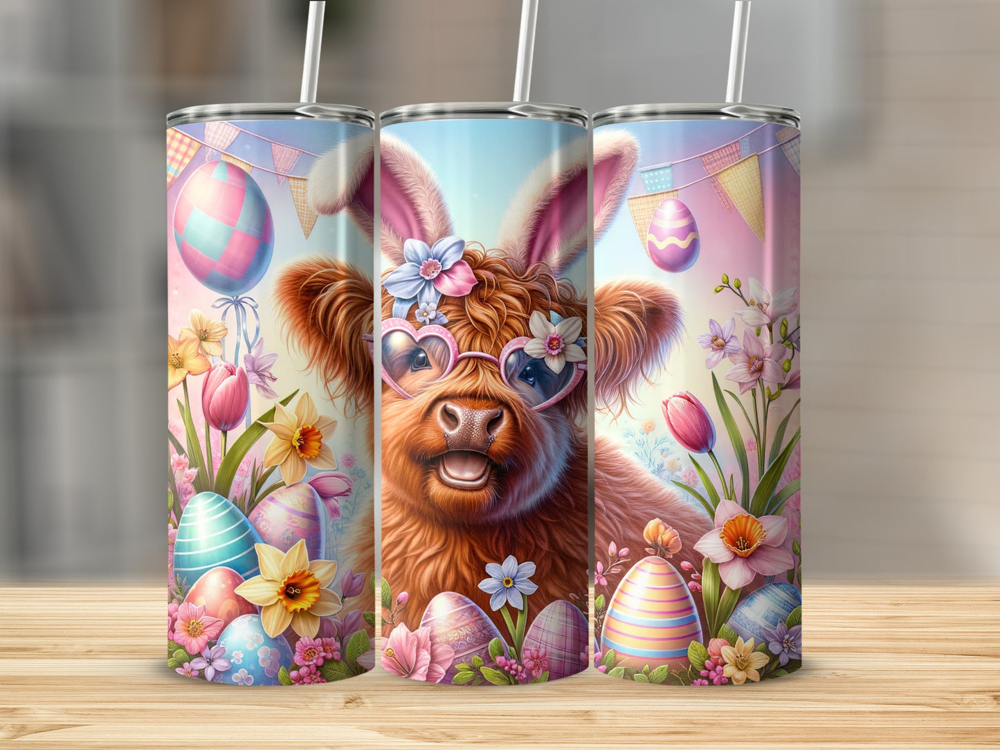 Easter highland cow with bunny ears and heart sunglasses, surrounded by pastel eggs and flowers.