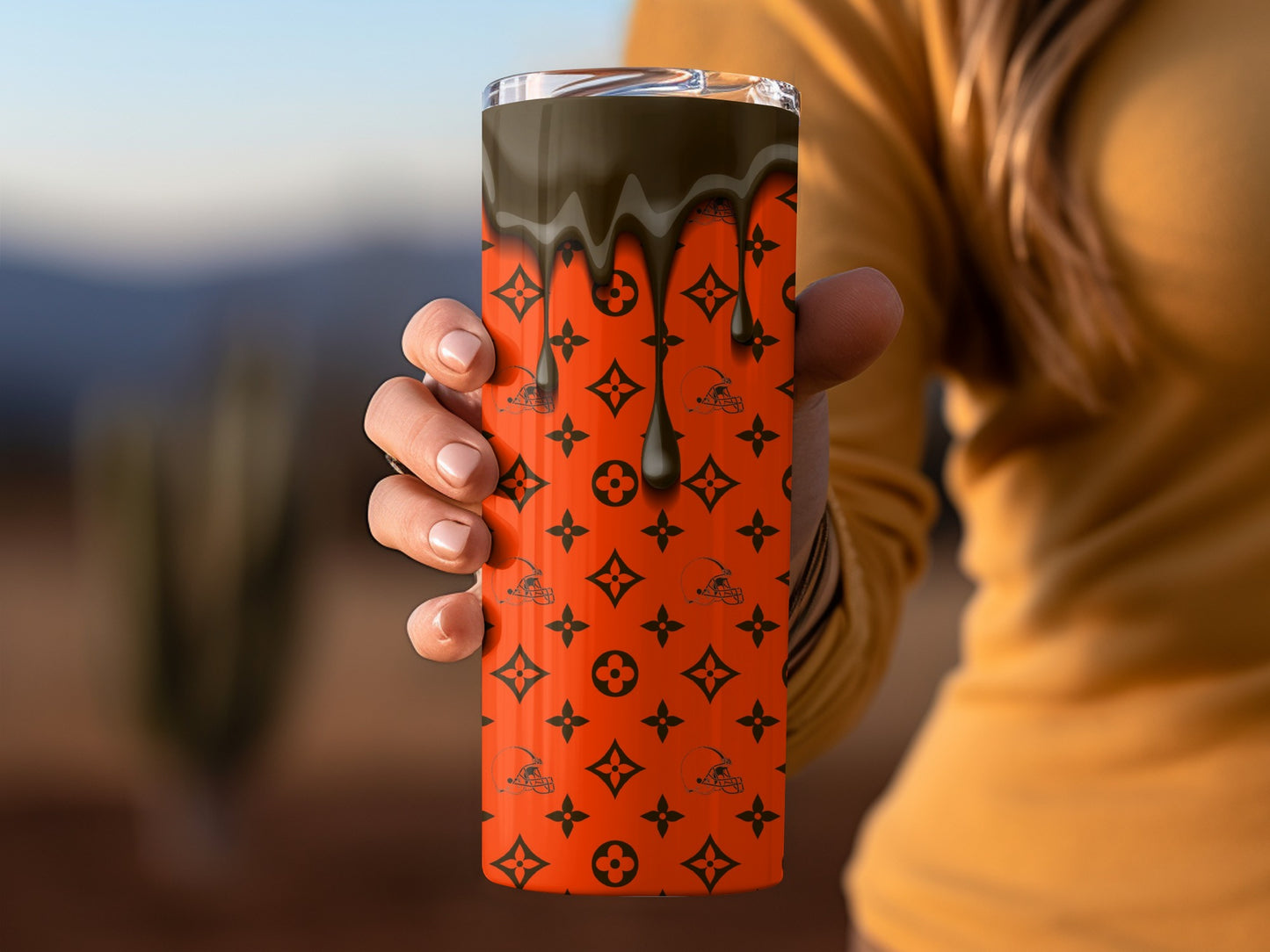 Orange Black LV Helmets Drips Style Pattern Tumblers