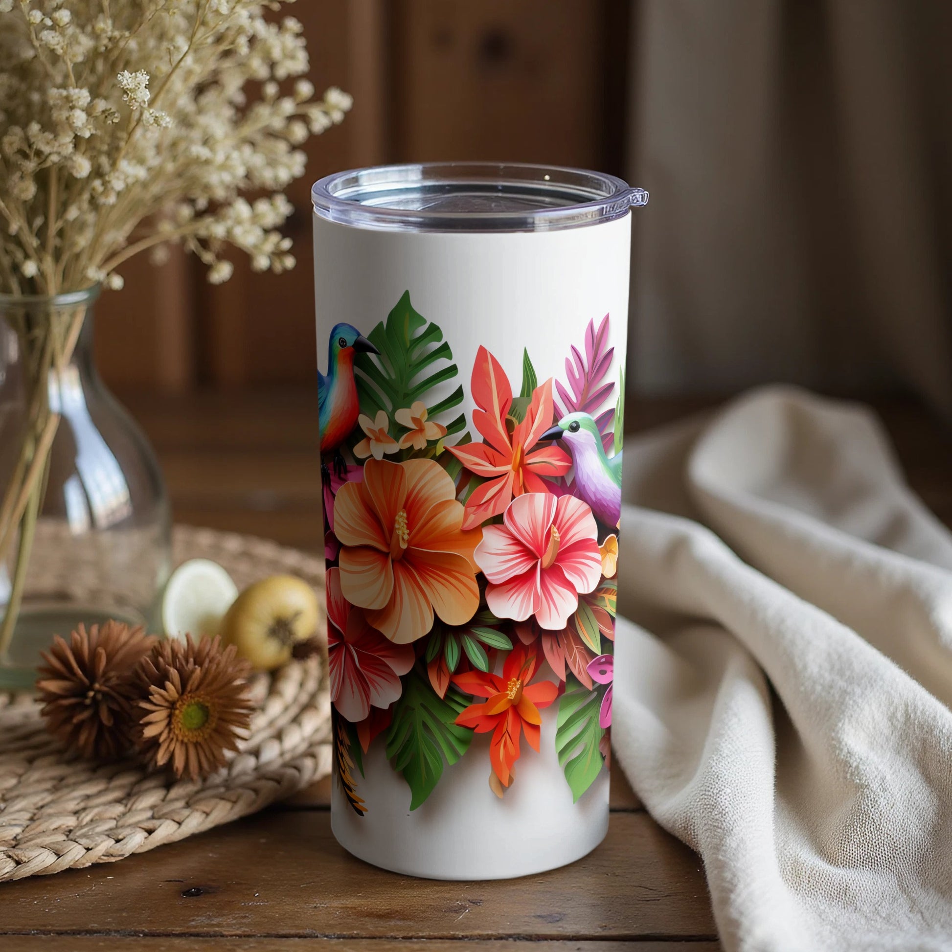Tropical Flower and Bird Design Insulated Tumbler
