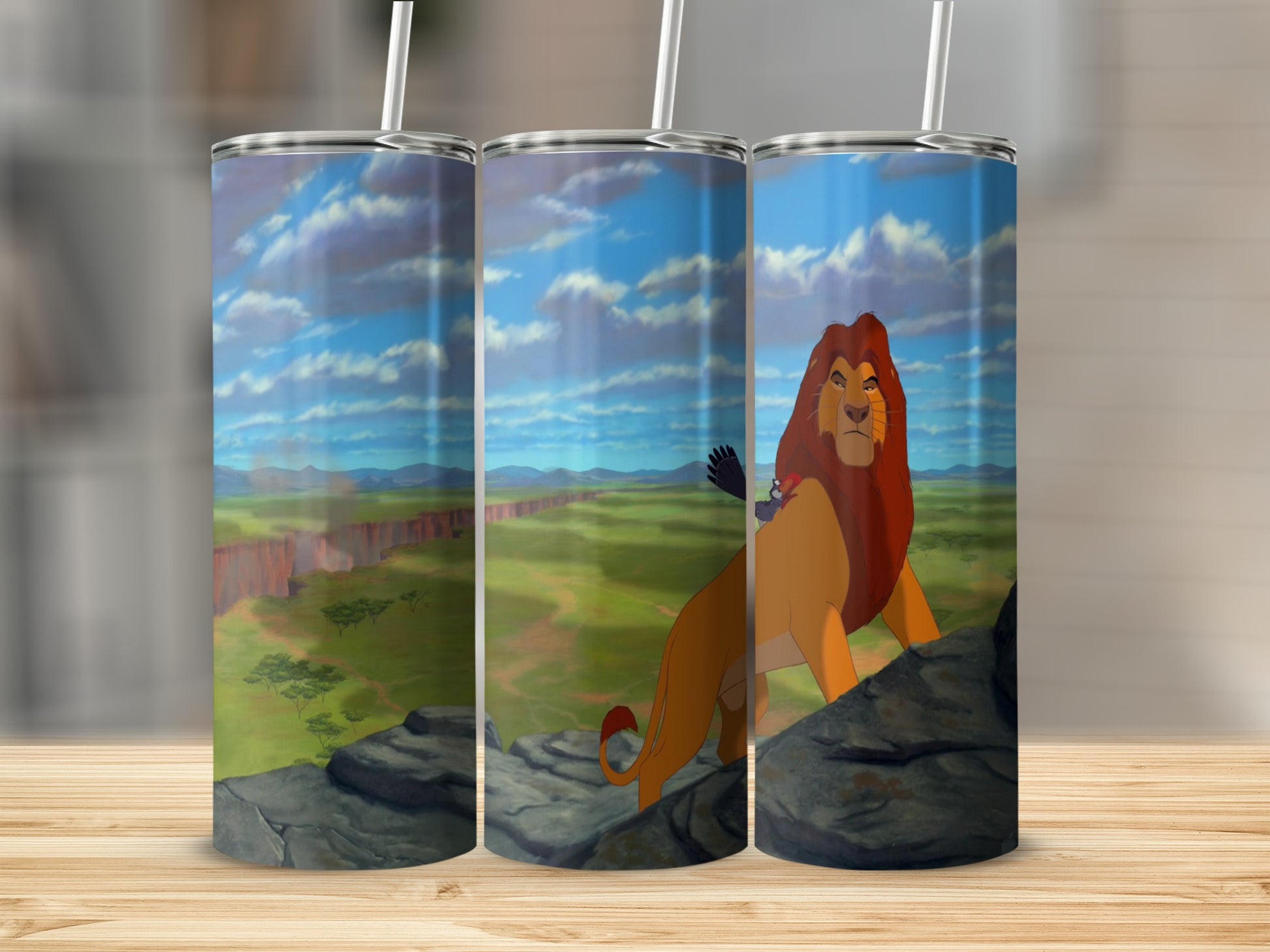 The Lion King characters Simba and Zazu on a cliff overlooking a savanna landscape.