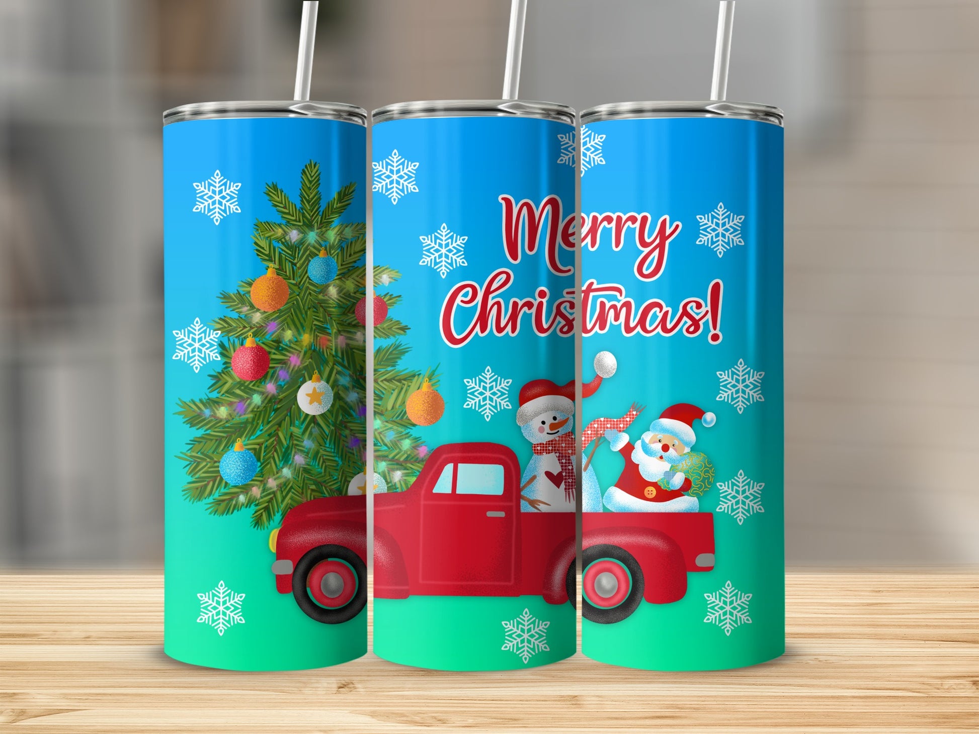 Red truck carrying Christmas tree with Santa and snowman, Merry Christmas text.