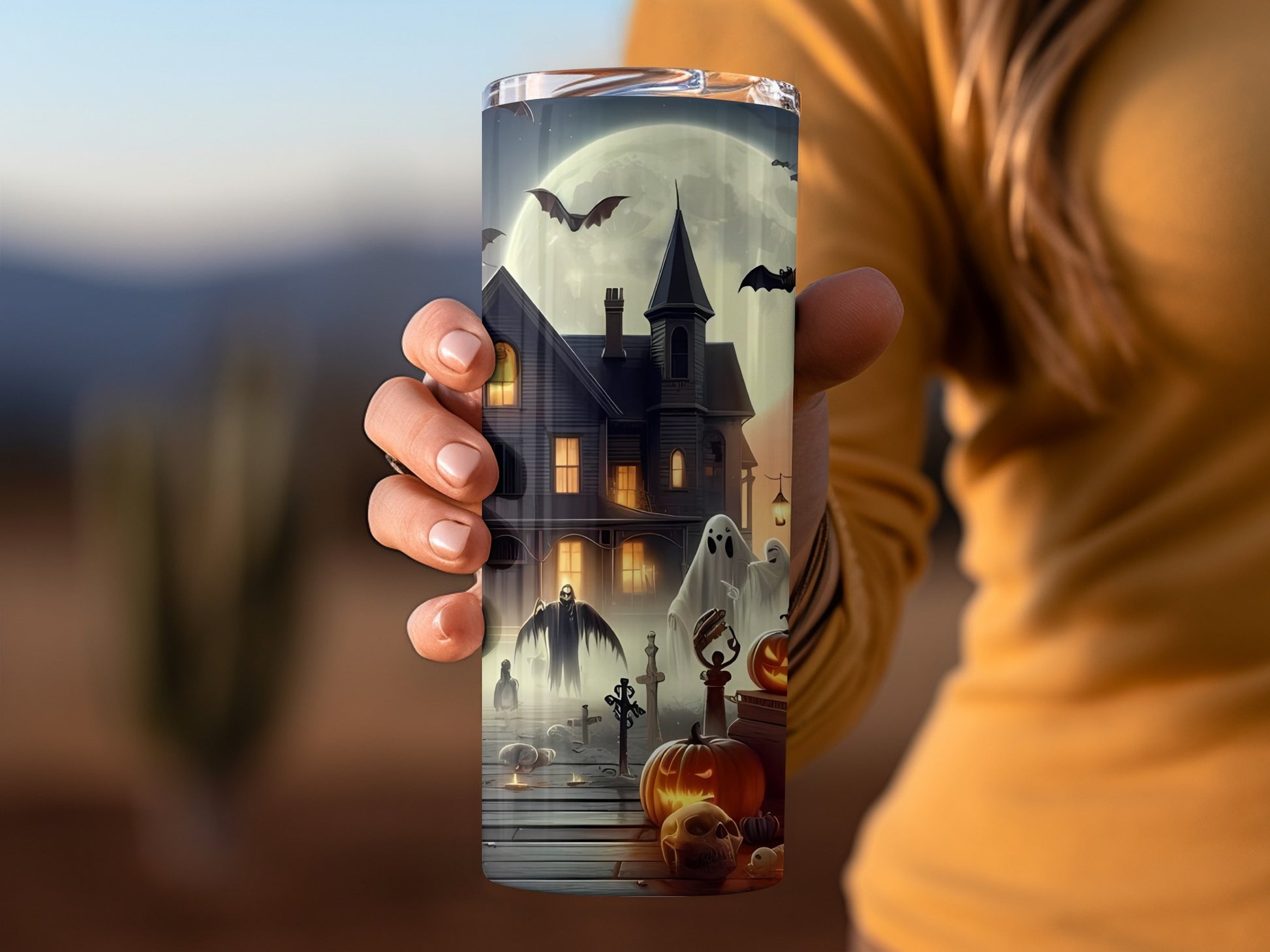 Spooky Halloween Night Scene with Haunted House Tumbler