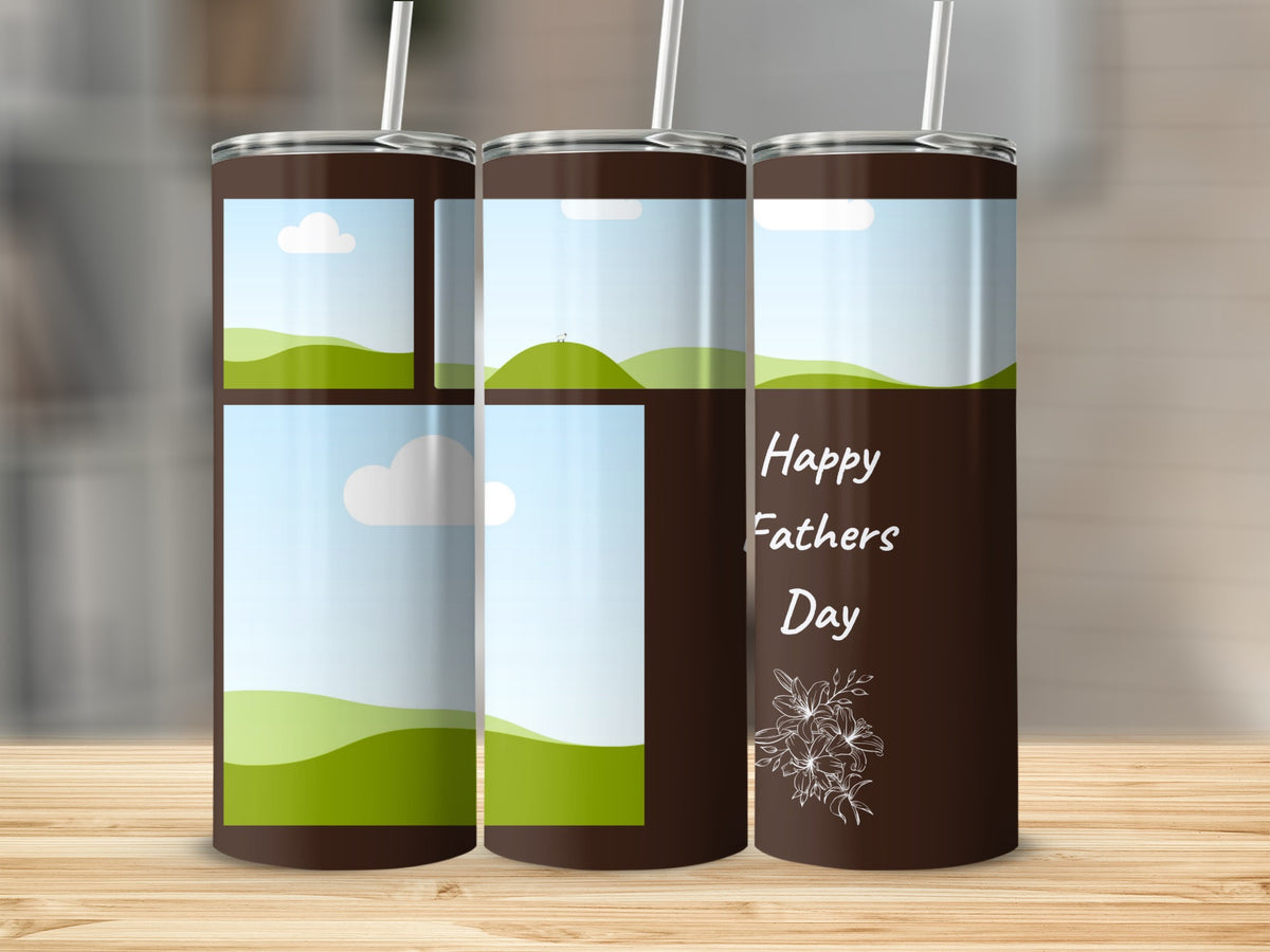 Brown tumblers with landscape designs and "Happy Fathers Day" text.