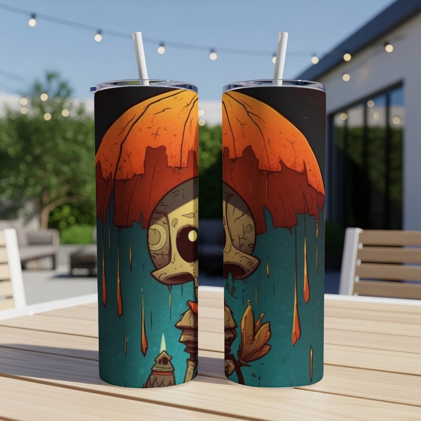 Two tumblers with a cartoon skeleton under an orange umbrella, with dripping elements.