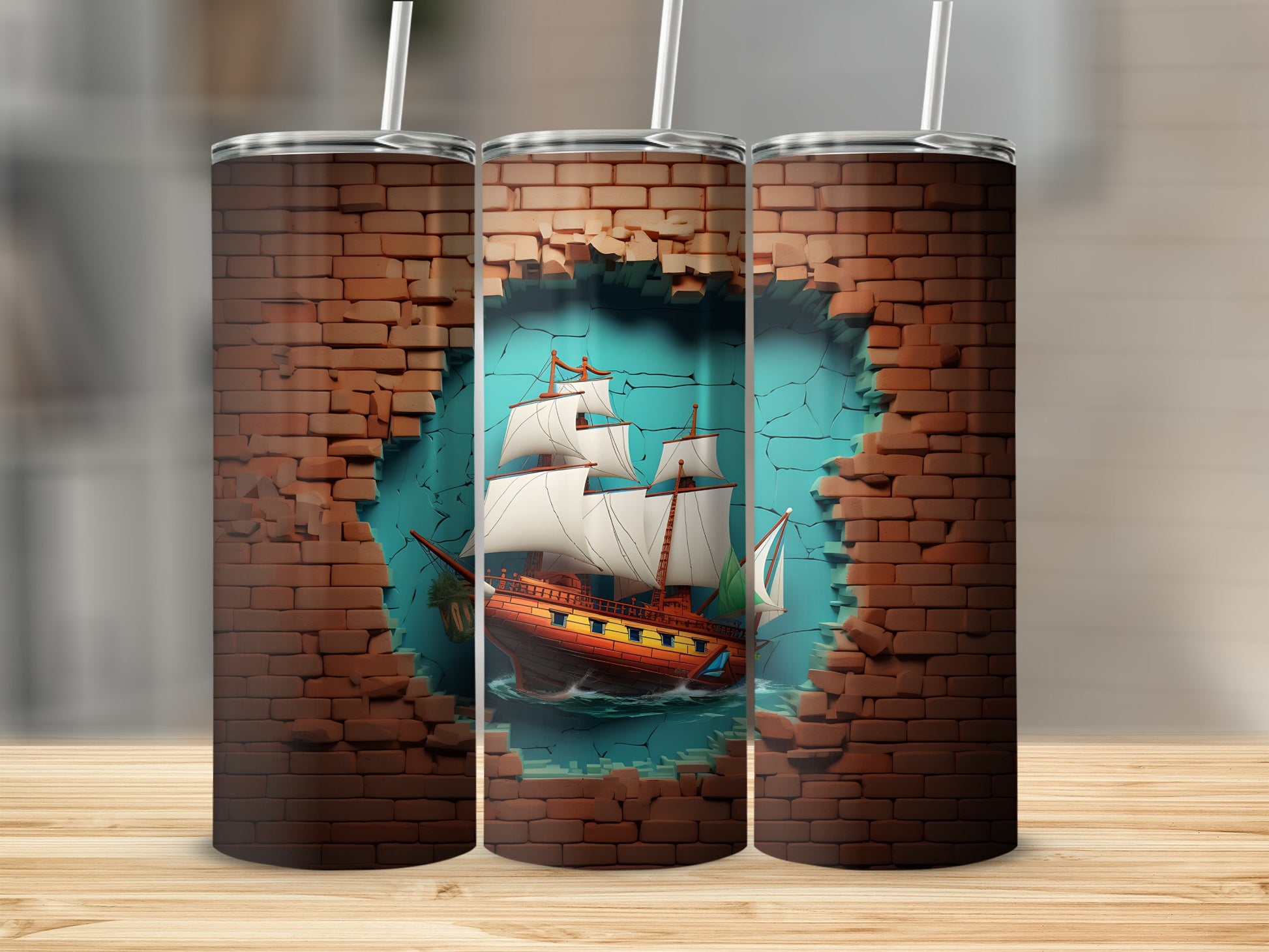 Sailing Ship Through Brick Wall Art Design Tumbler