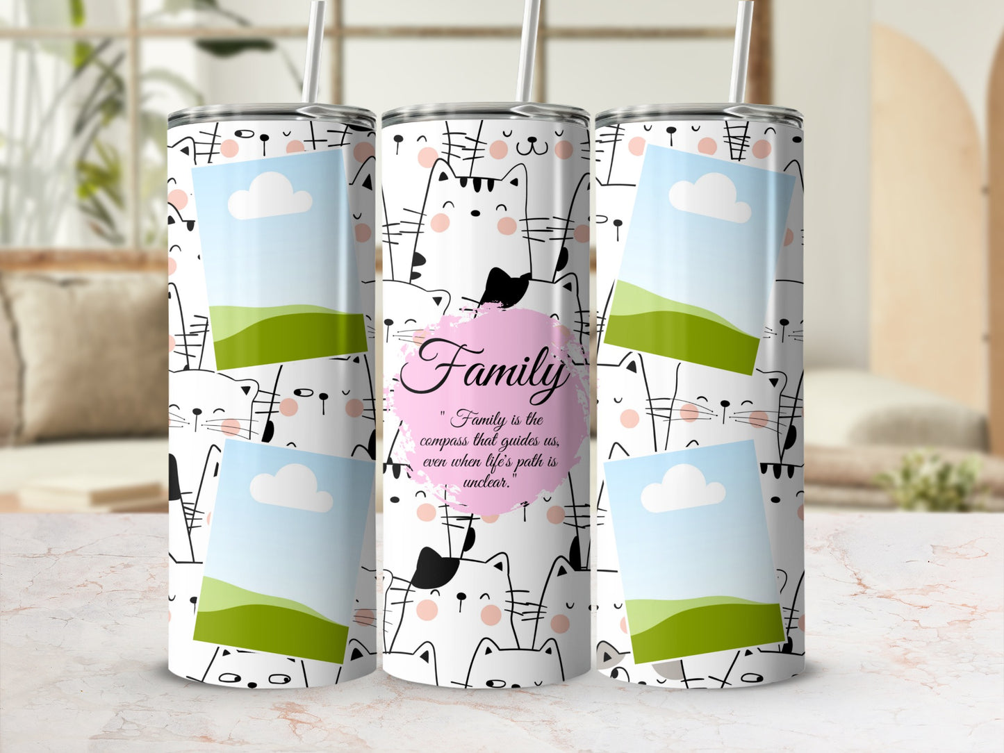 Three tumblers with a white background featuring a pattern of cartoon cats and empty photo frames.
