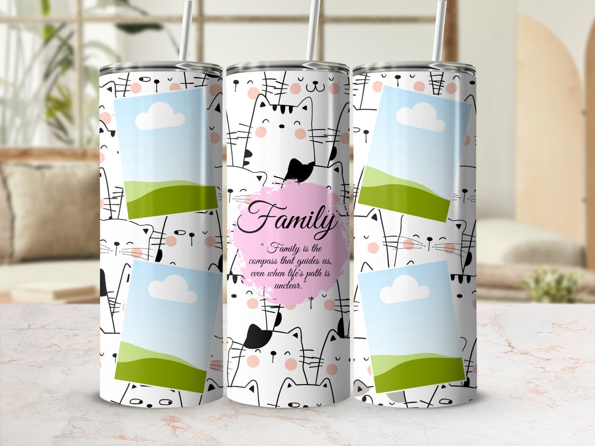 Three tumblers with a white background featuring a pattern of cartoon cats and empty photo frames.