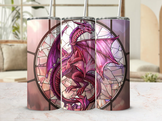 Dragon stained glass art on a pink and purple tumbler.