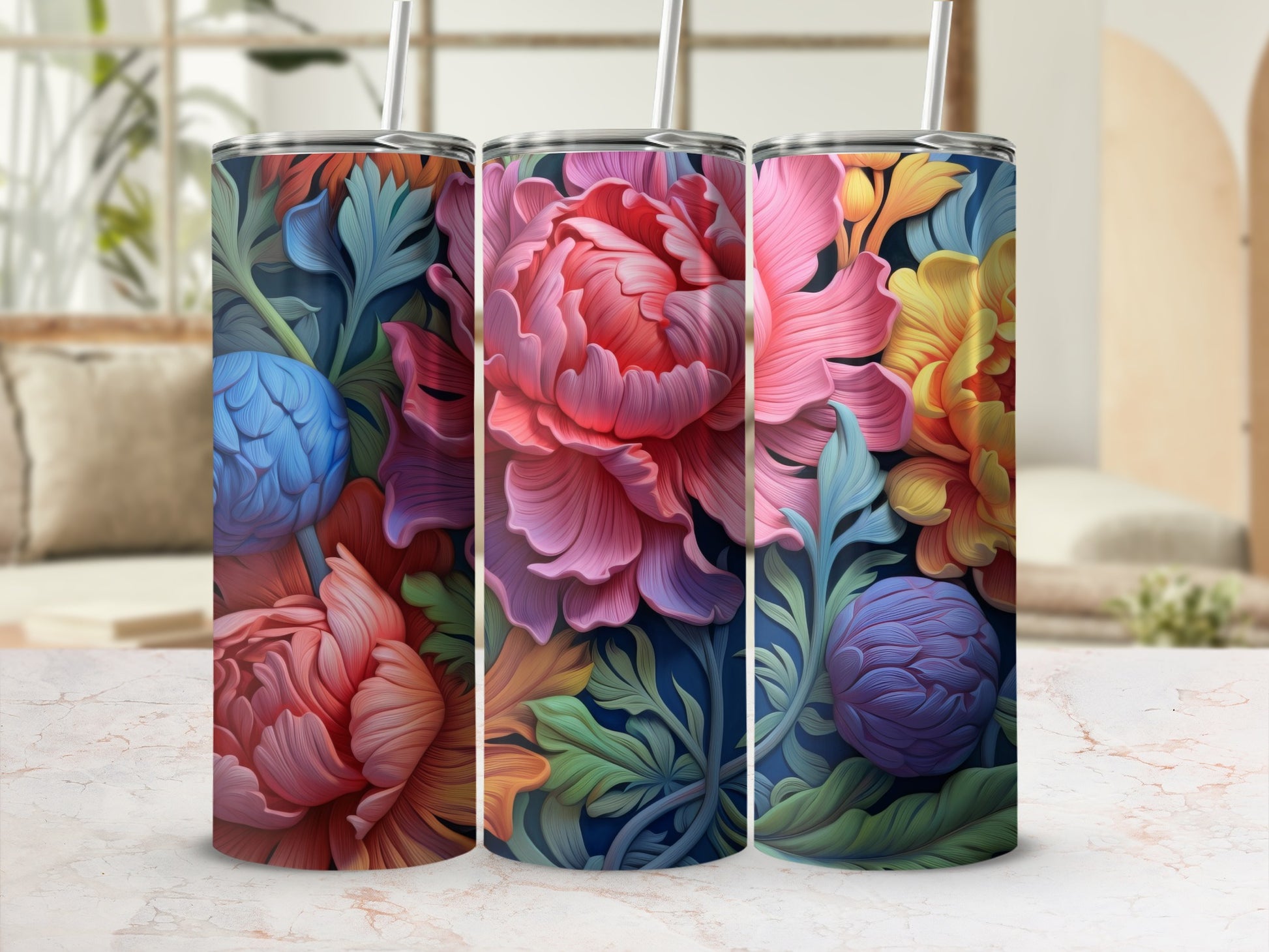 Colorful Floral Insulated Tumbler with Straw