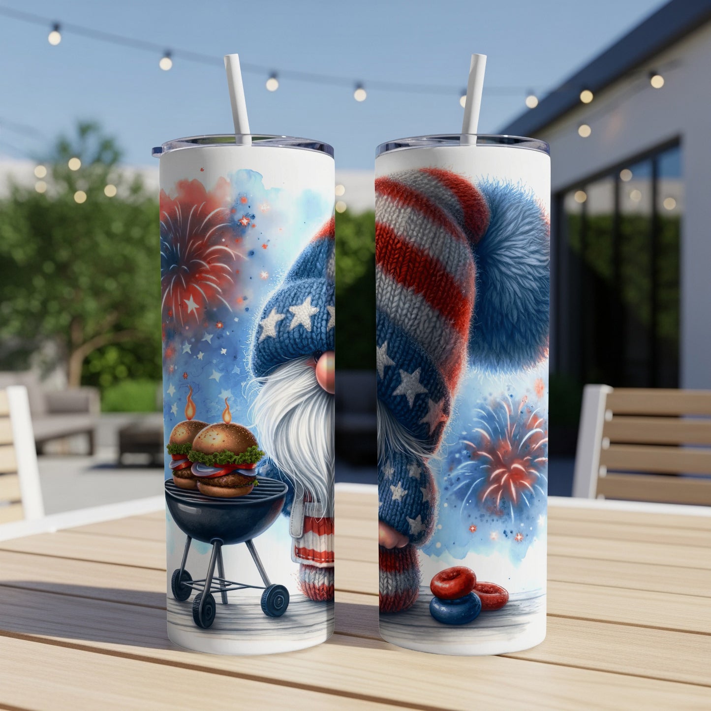 Gnome in patriotic attire with burgers and fireworks on a tumbler.