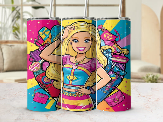 Barbie surrounded by colorful fashion accessories and bags on a vibrant background.