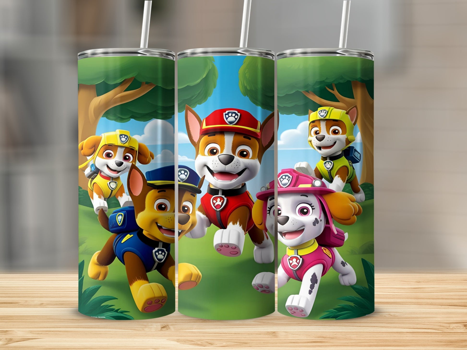Paw Patrol characters Chase, Marshall, and Skye running in a grassy outdoor scene.