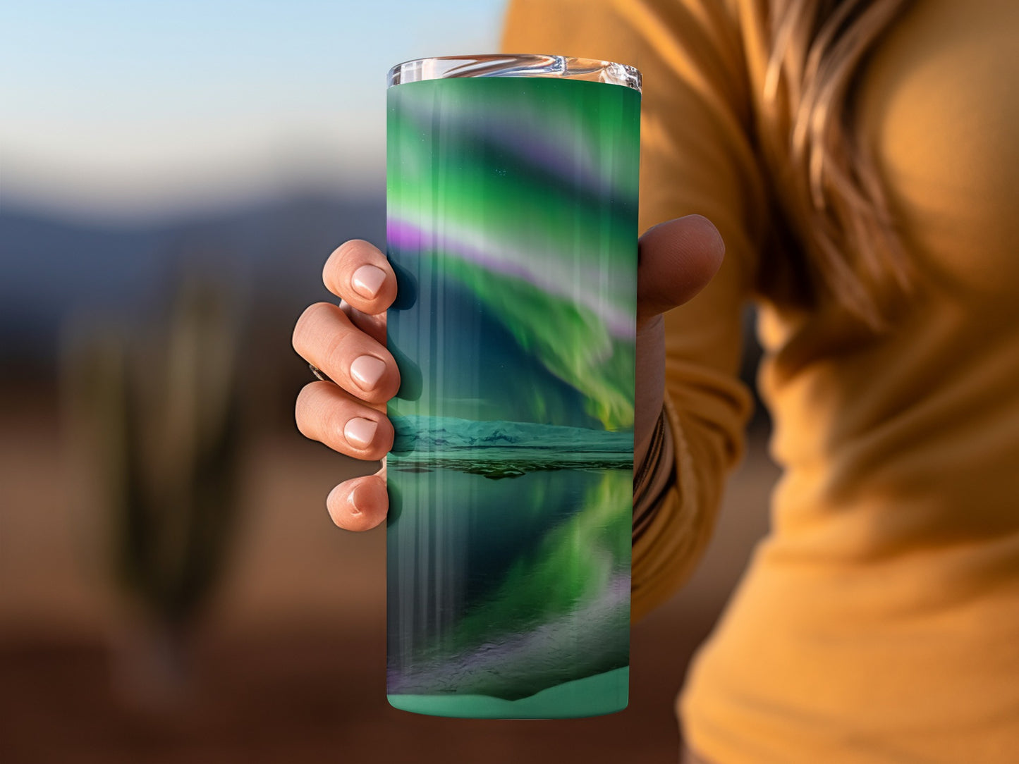 Vibrant Northern Lights Themed Beverage Tumbler