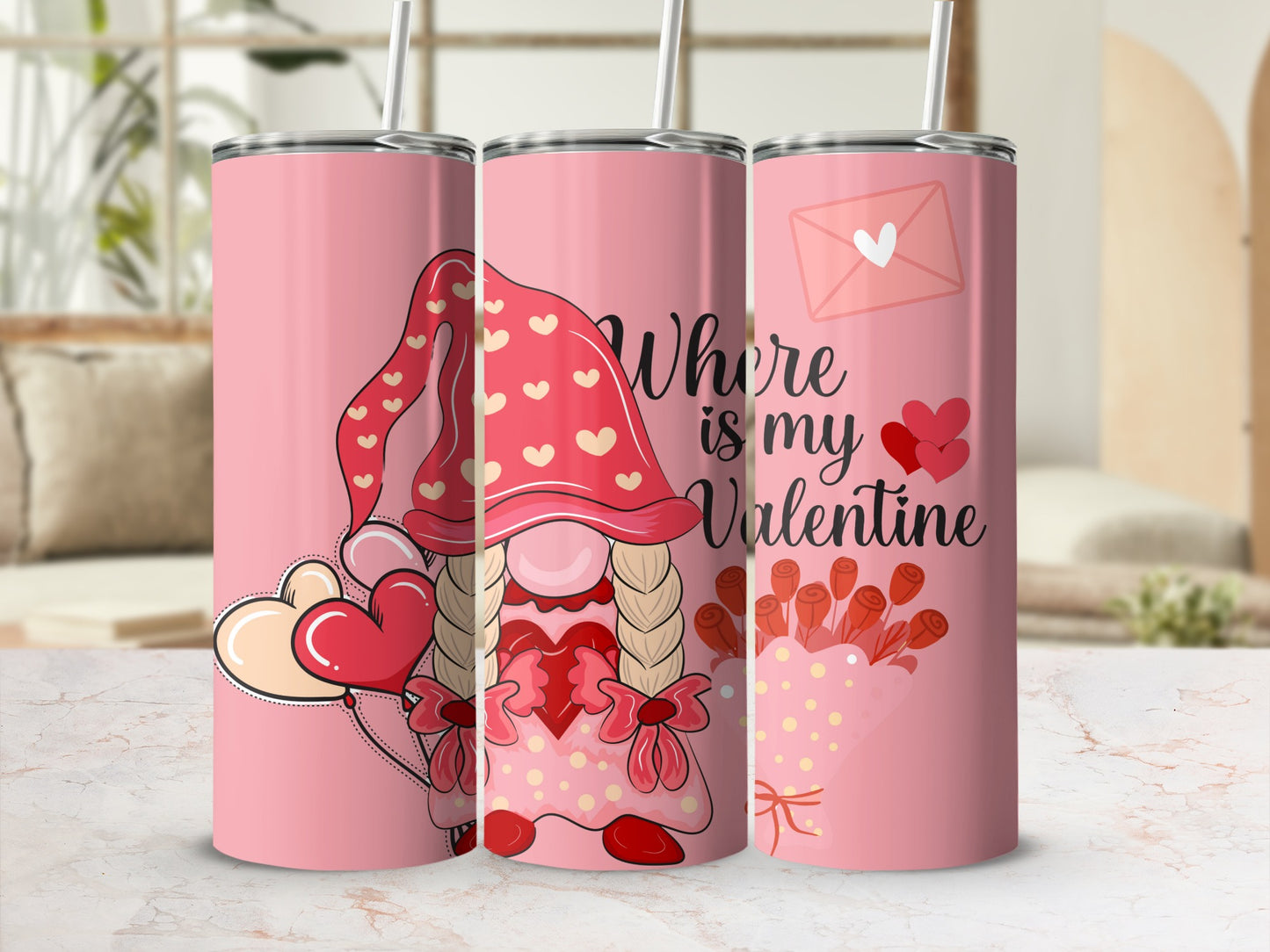 Where is My Valentine Pink Gnome Tumbler Gift