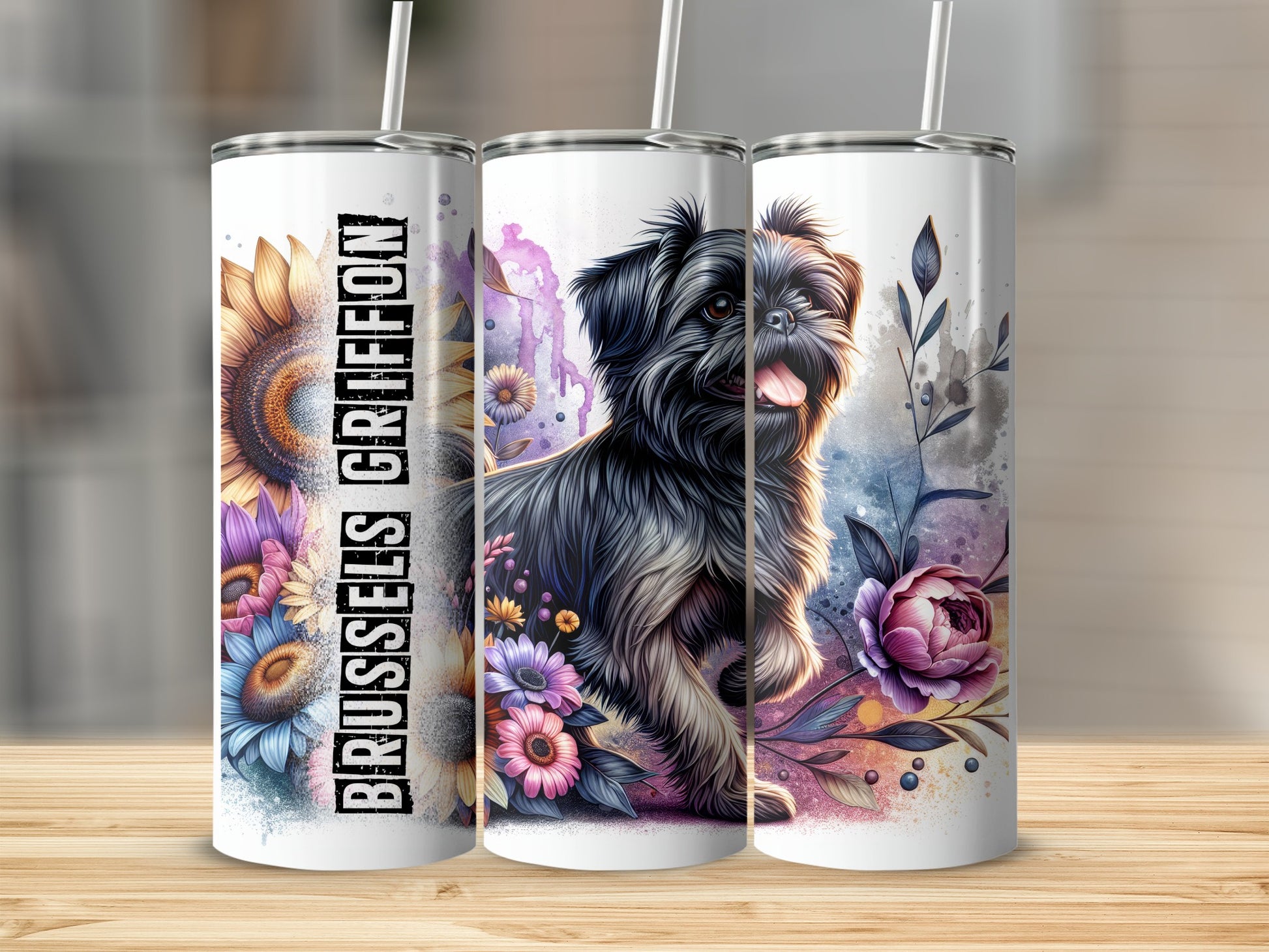 Three tumblers featuring a Brussels Griffon dog with sunflowers and floral designs.
