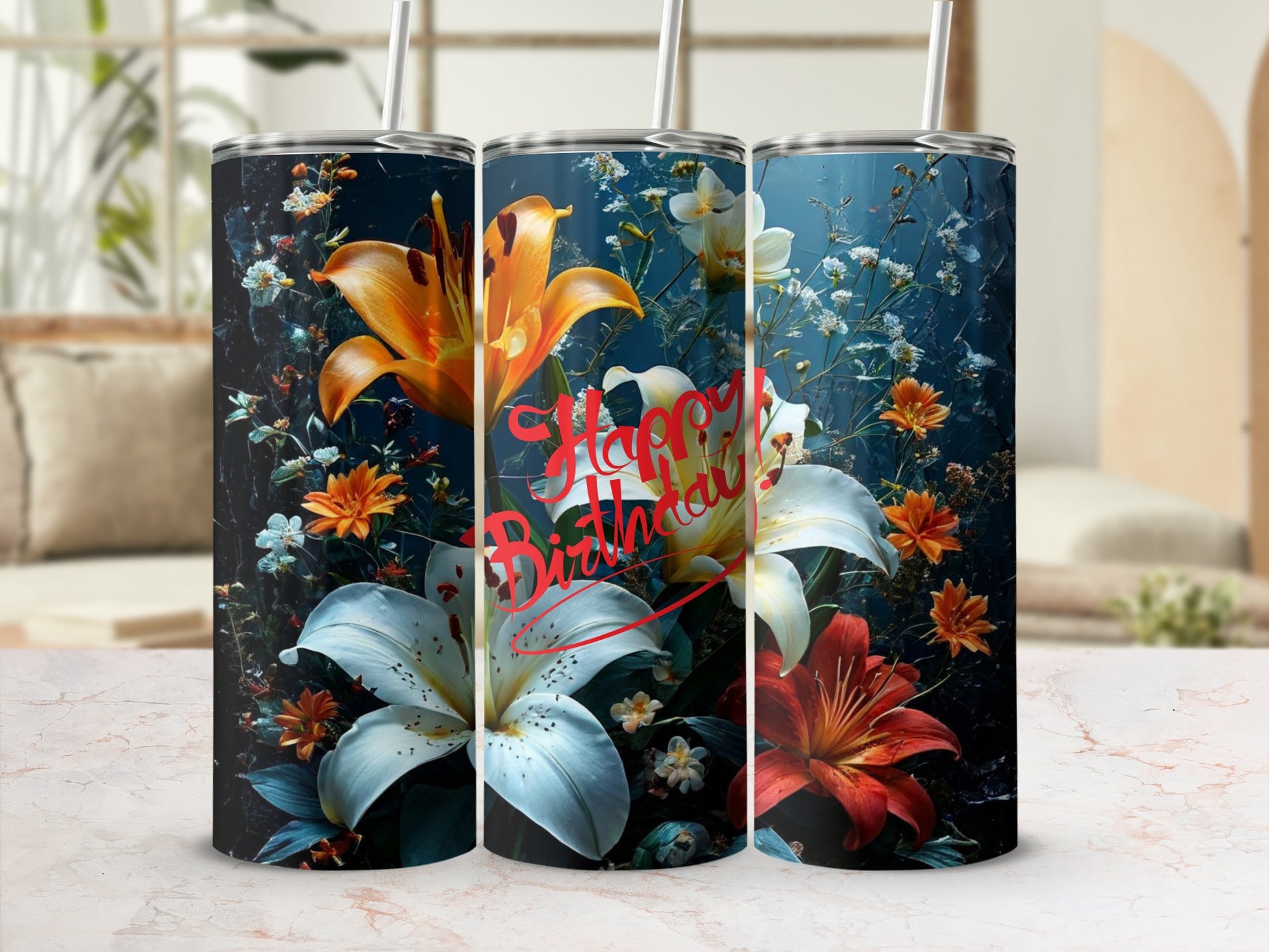 Floral birthday tumbler with "Happy Birthday" text.