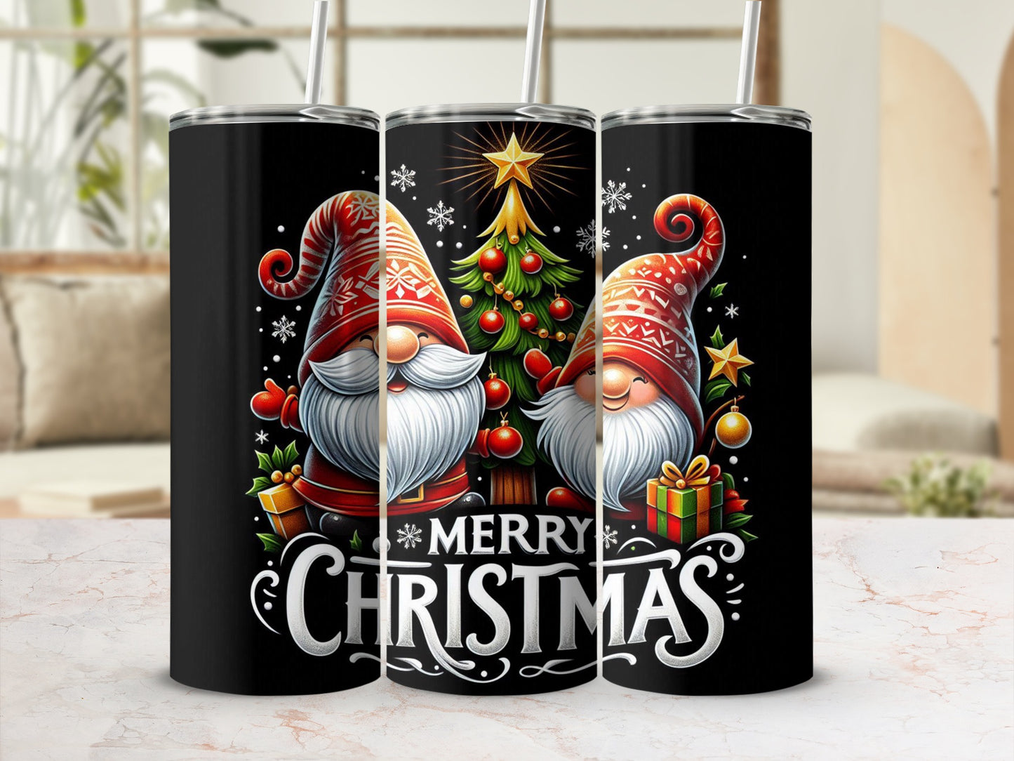 Christmas tumblers with gnomes and festive tree design.