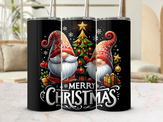 Christmas tumblers with gnomes and festive tree design.