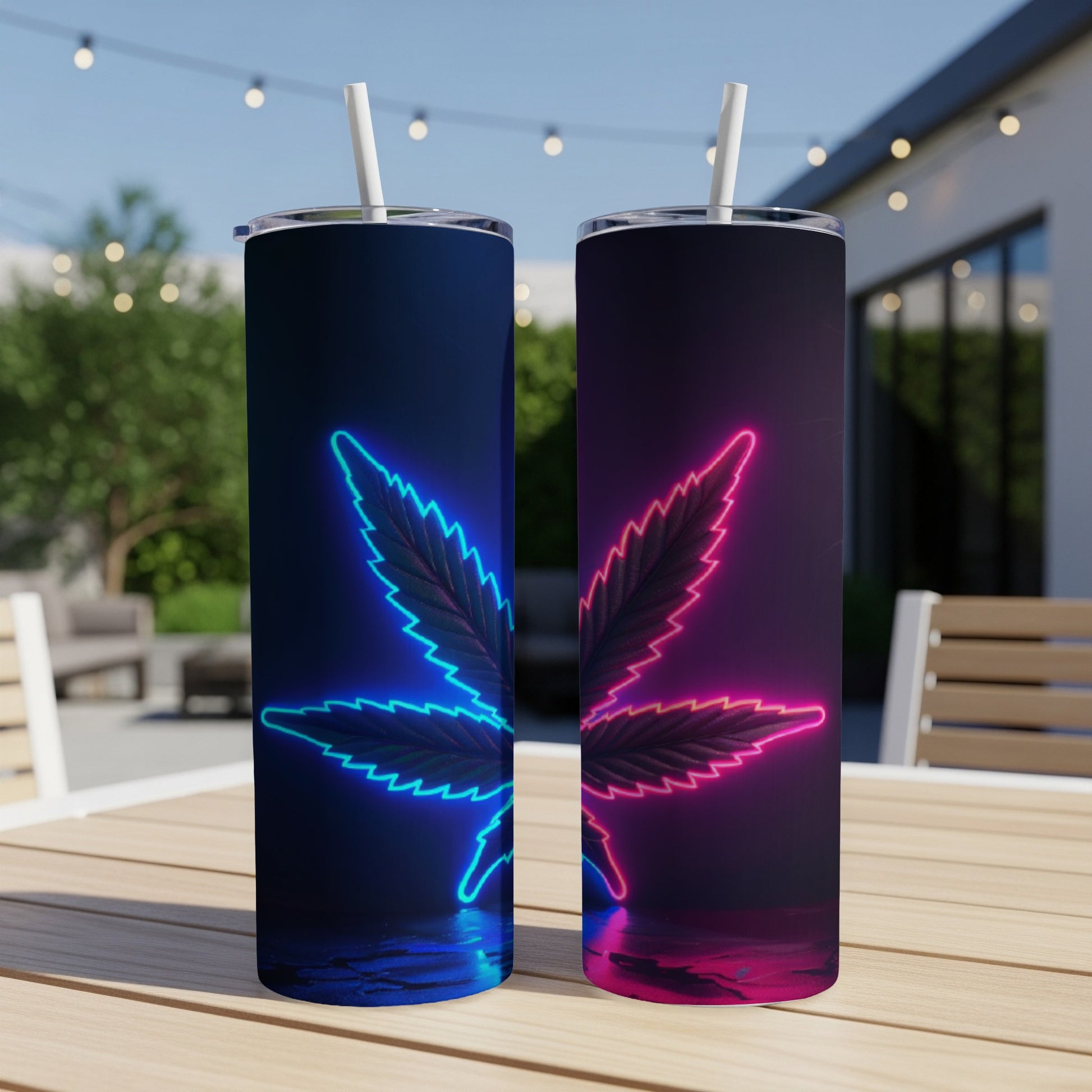 Two tumblers with neon cannabis leaf designs, one blue, one pink.