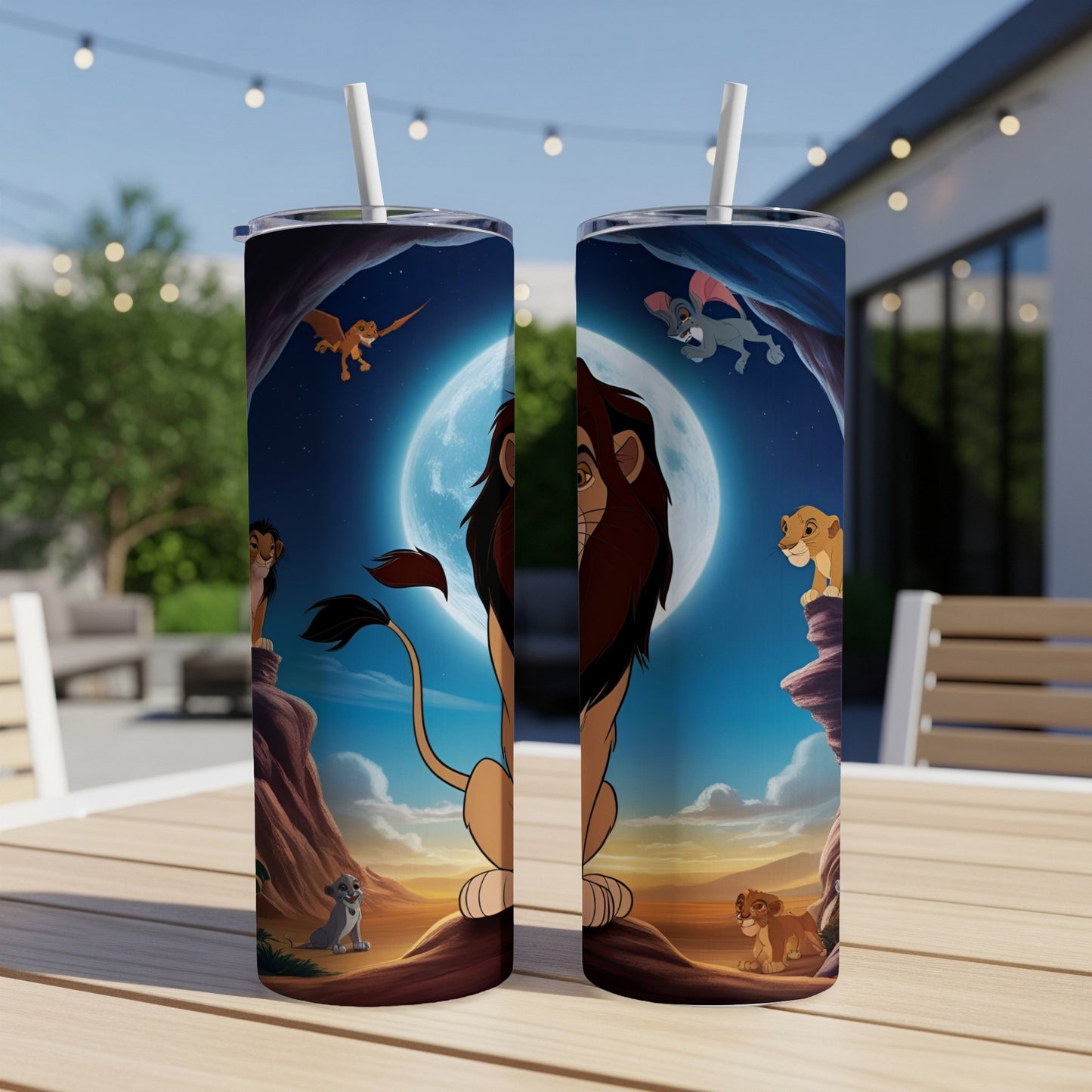 Two tumblers featuring The Lion King characters and a full moon background.