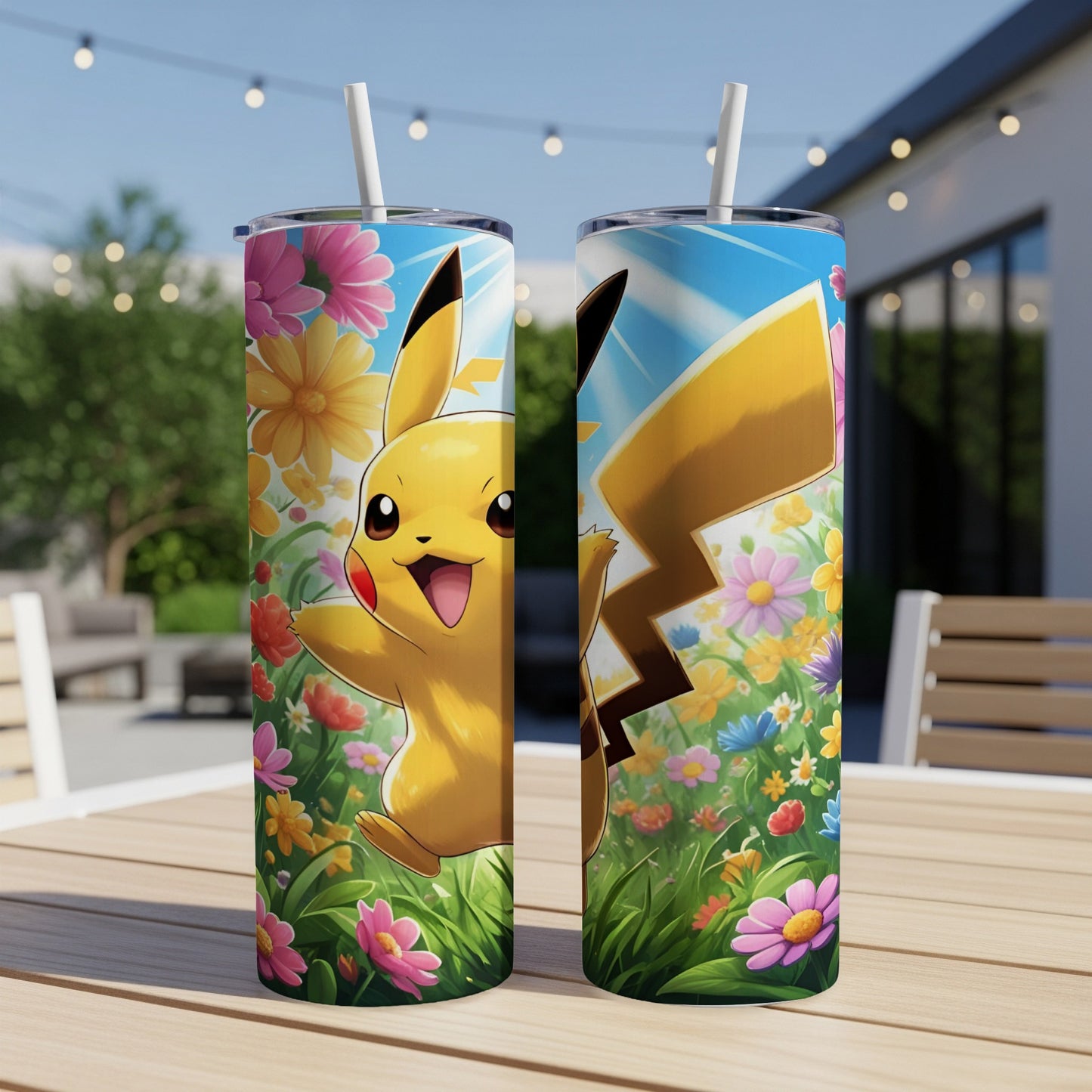 Pikachu on a pink and yellow floral background with straw.