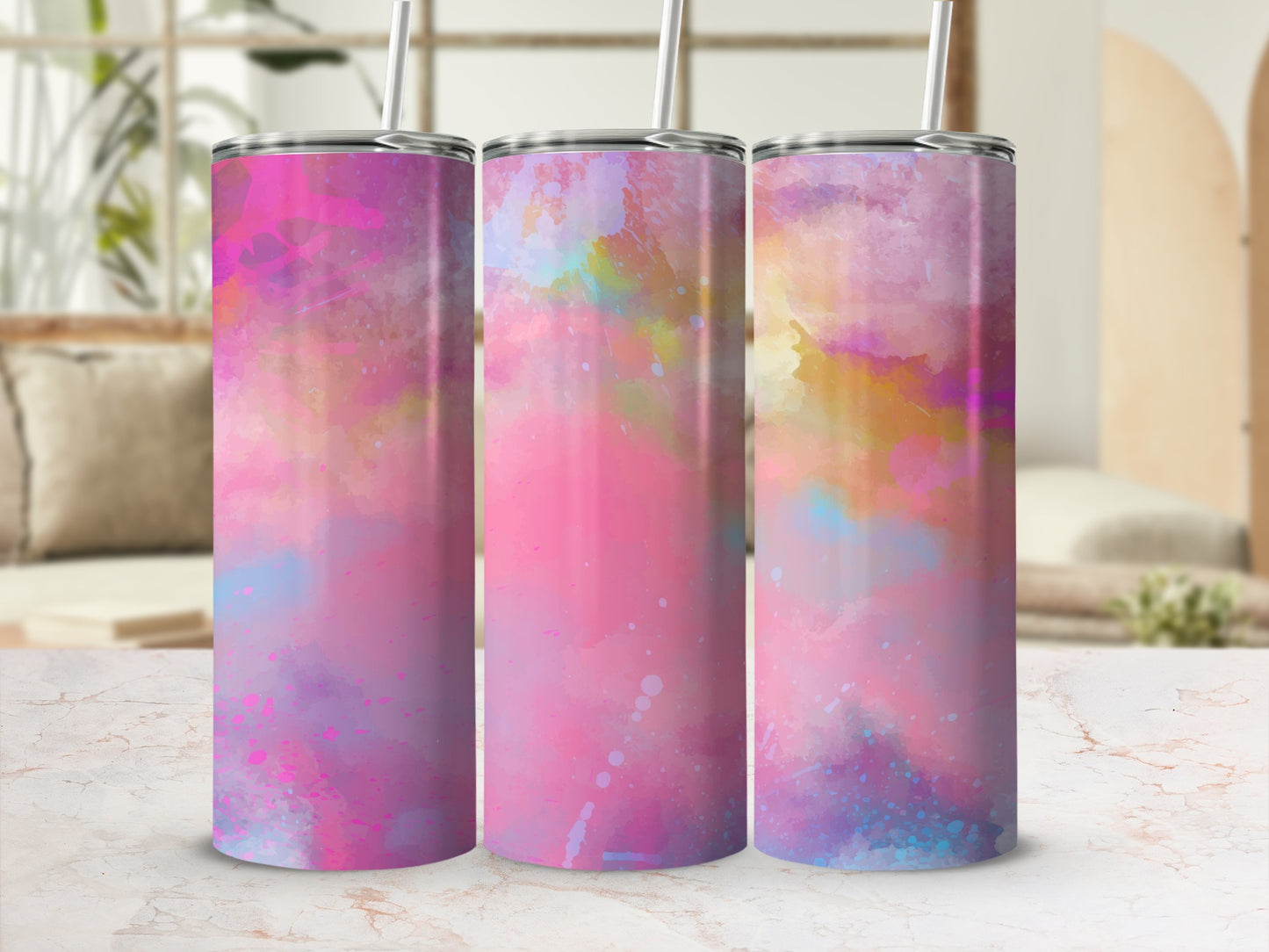 Three tumblers with a pink, purple, and blue abstract watercolor design.