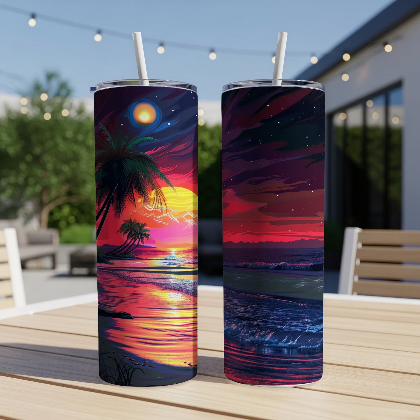 Two tumblers on a table, one with a sunset beach scene, the other with a starry night sky.
