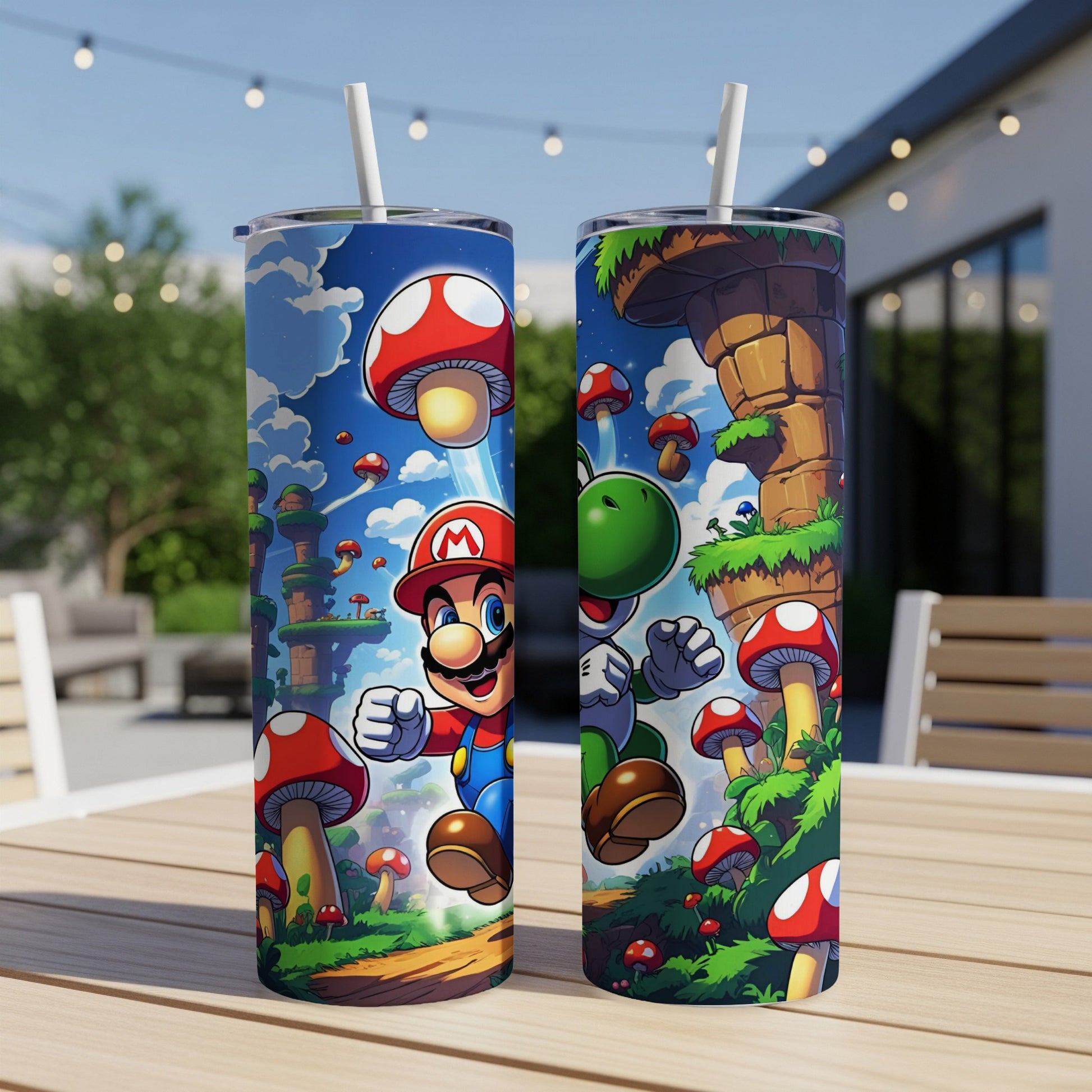 Mario and Yoshi in a vibrant Super Mario landscape on two stainless steel tumblers.
